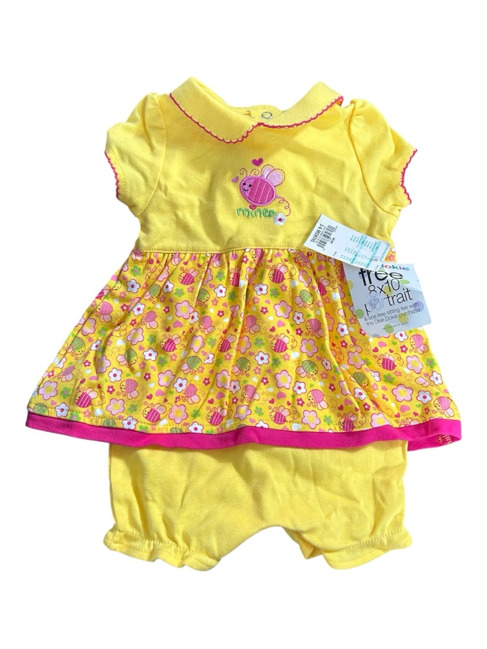 Okie Dokie Baby Girl Short Sleeve Dress Romper Yellow Floral Vintage NWT